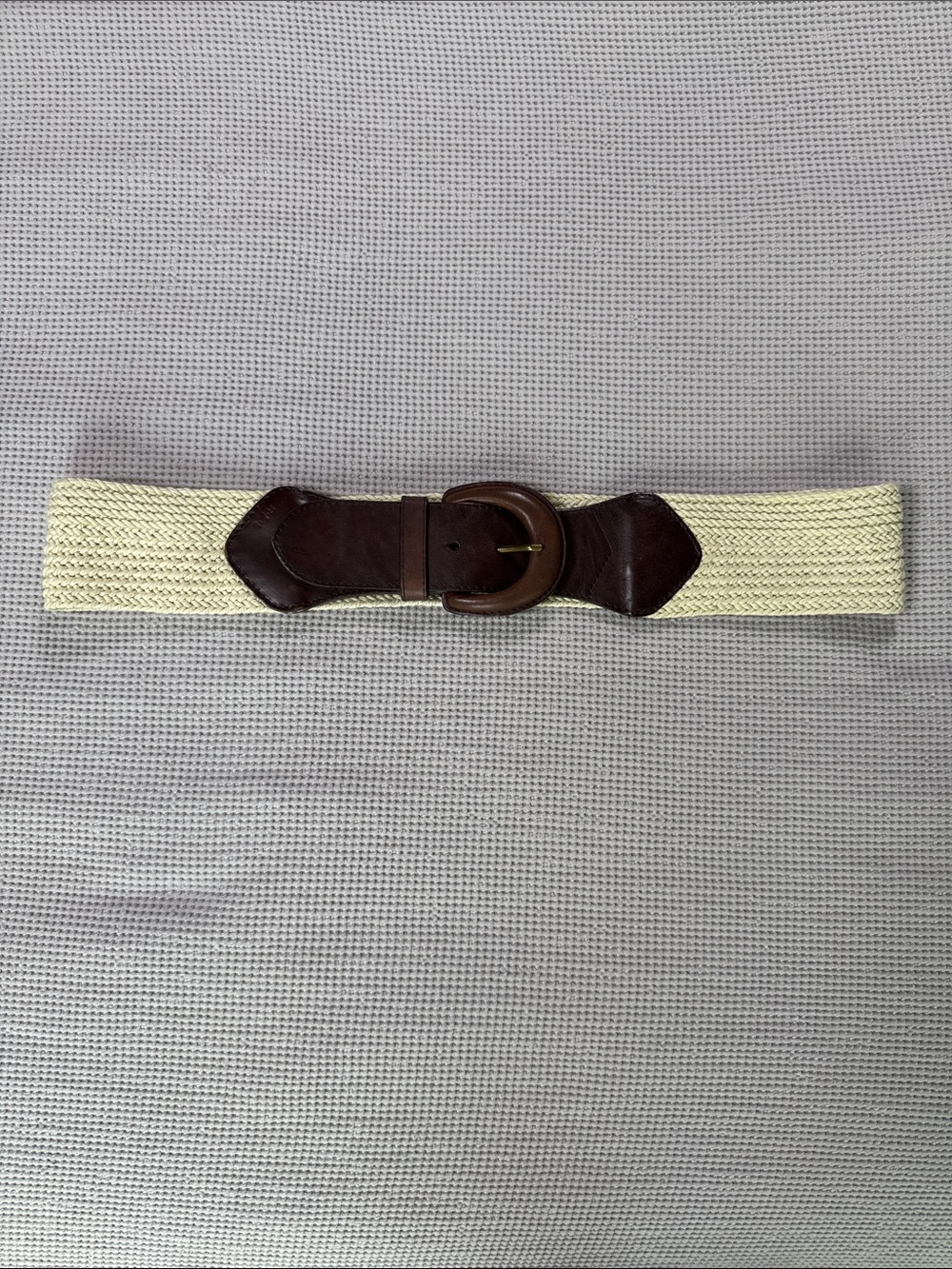 Ralph Lauren Wide Cream Woven Belt with Brown Leather Buckle Size L
